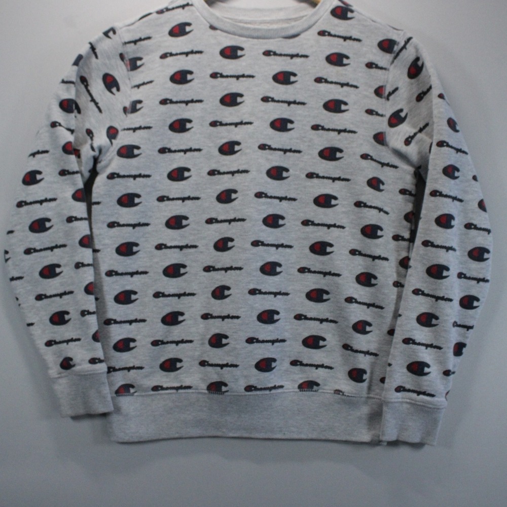 Champion Authentic Athletic All Over Print Spellout Sweatshirt Gray L Streetwear